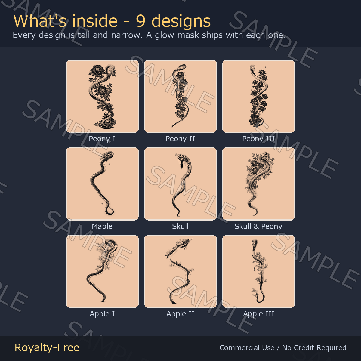 9 Full-Body Snake Tattoo Decals - Japanese Irezumi with Peony, Skull & Apple | Glow Mask & White Version, Any Avatar
