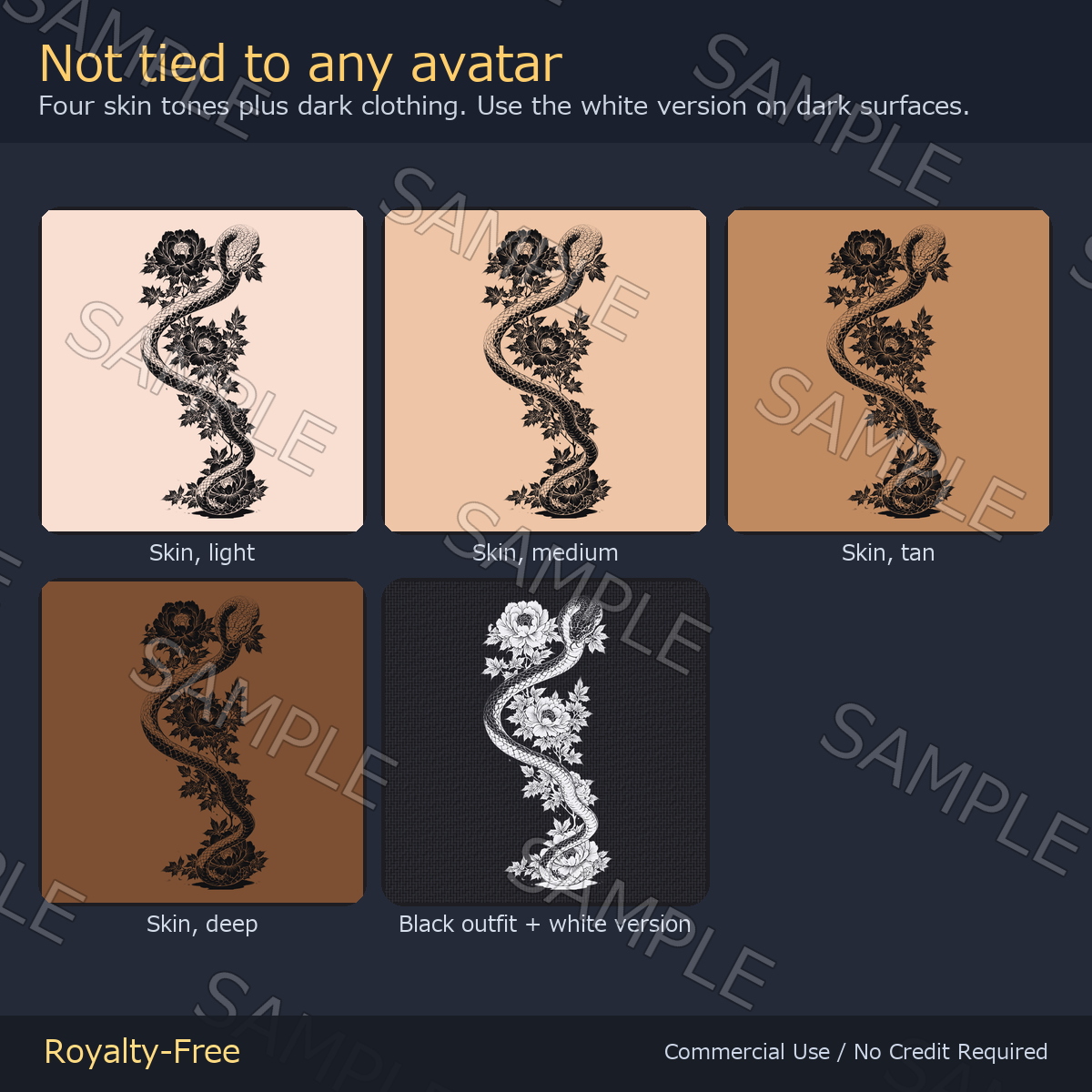 9 Full-Body Snake Tattoo Decals - Japanese Irezumi with Peony, Skull & Apple | Glow Mask & White Version, Any Avatar
