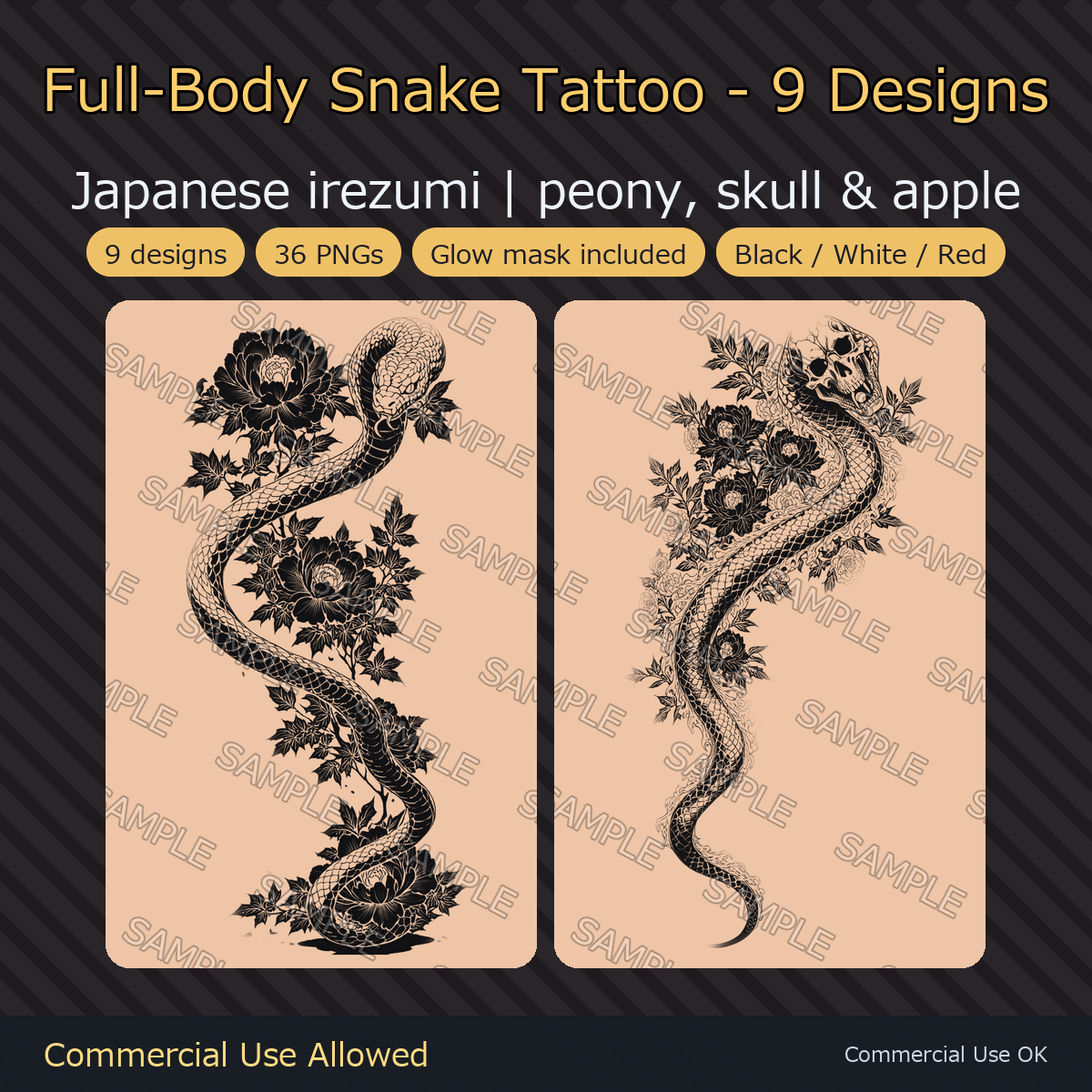 9 Full-Body Snake Tattoo Decals - Japanese Irezumi with Peony, Skull & Apple | Glow Mask & White Version, Any Avatar
