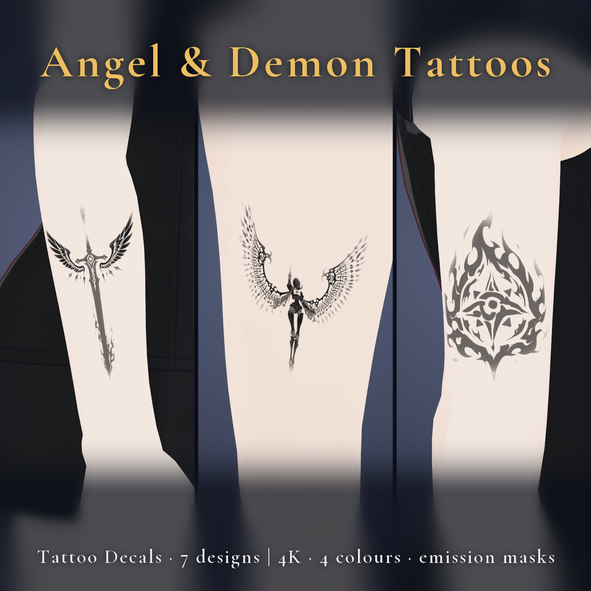 7 Angel & Demon Tattoo Decals vol.3 - Winged Sword, Fallen Wings, Chained Cross & Banner | Glow Mask & 4 Colours, Any Avatar
