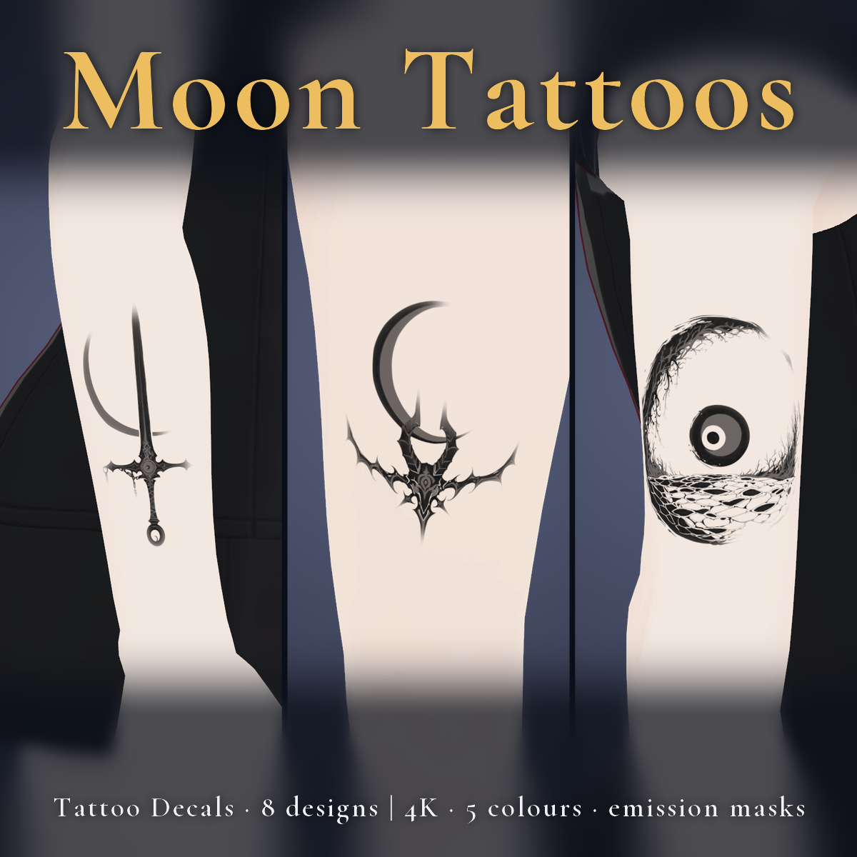 8 Moon Tattoo Decals vol.1 - Horned Skull, Bat Wings & Moon Scimitar | Glow Mask & 5 Colours incl. White-Blue, Any Avatar