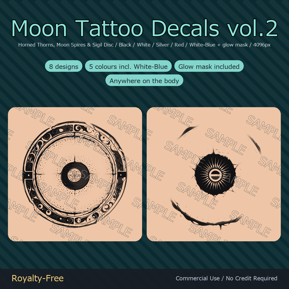 8 Moon Tattoo Decals vol.2 - Horned Thorns, Moon Spires & Sigil Disc | Glow Mask & 5 Colours incl. White-Blue, Any Avatar