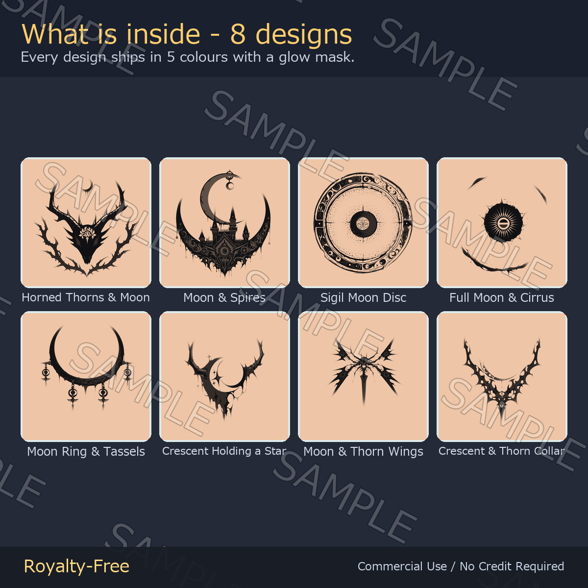 8 Moon Tattoo Decals vol.2 - Horned Thorns, Moon Spires & Sigil Disc | Glow Mask & 5 Colours incl. White-Blue, Any Avatar