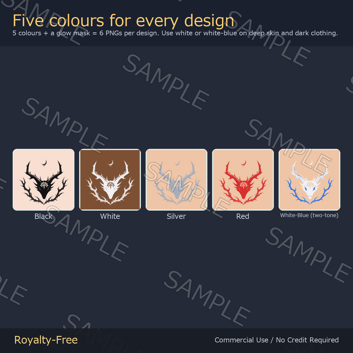 8 Moon Tattoo Decals vol.2 - Horned Thorns, Moon Spires & Sigil Disc | Glow Mask & 5 Colours incl. White-Blue, Any Avatar