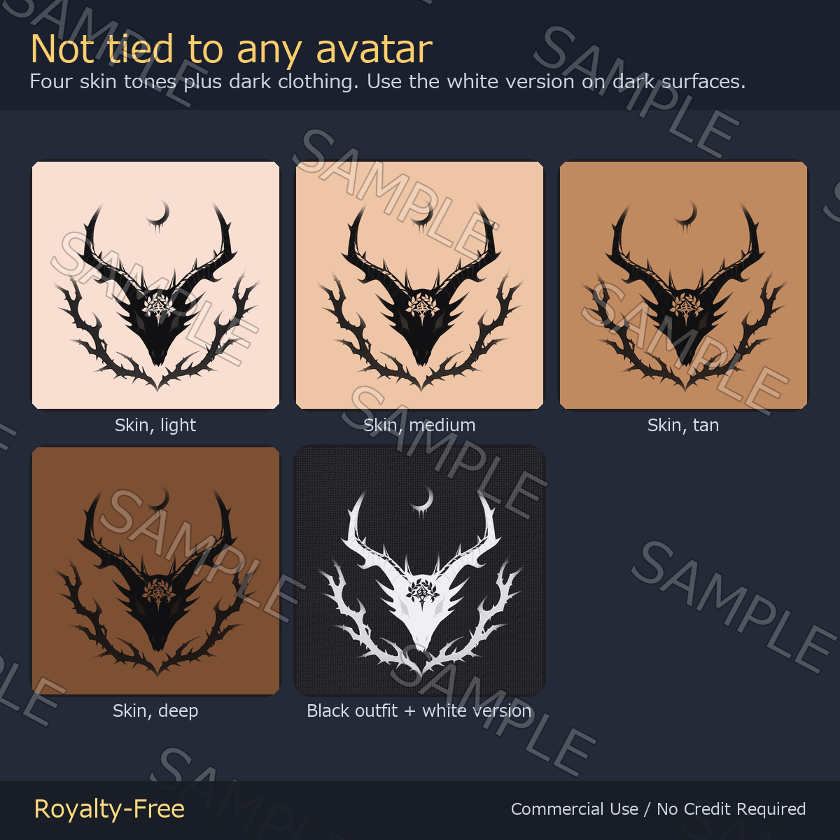 8 Moon Tattoo Decals vol.2 - Horned Thorns, Moon Spires & Sigil Disc | Glow Mask & 5 Colours incl. White-Blue, Any Avatar