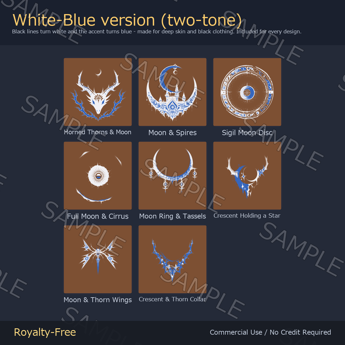 8 Moon Tattoo Decals vol.2 - Horned Thorns, Moon Spires & Sigil Disc | Glow Mask & 5 Colours incl. White-Blue, Any Avatar