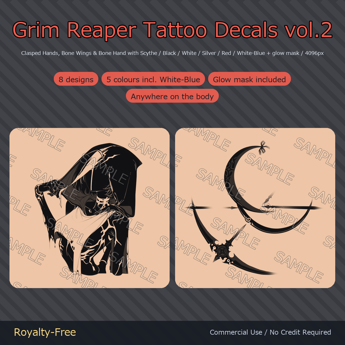 8 Grim Reaper Tattoo Decals vol.2 - Clasped Hands, Bone Wings & Bone Hand with Scythe | Glow Mask & 5 Colours incl. White-Blue, Any Avatar