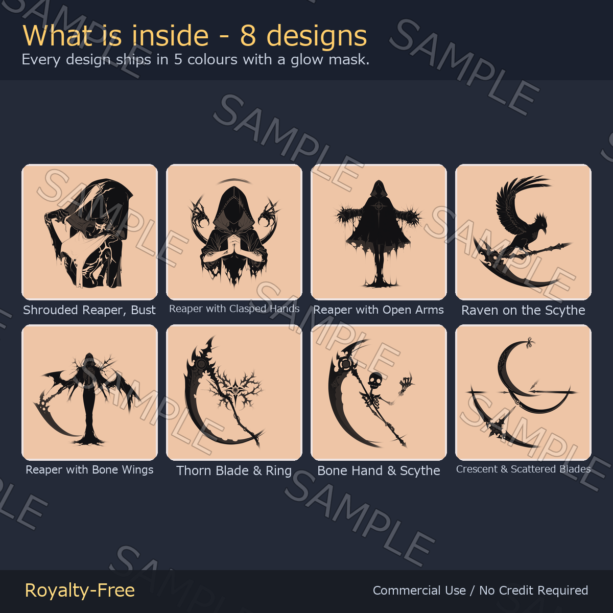 8 Grim Reaper Tattoo Decals vol.2 - Clasped Hands, Bone Wings & Bone Hand with Scythe | Glow Mask & 5 Colours incl. White-Blue, Any Avatar