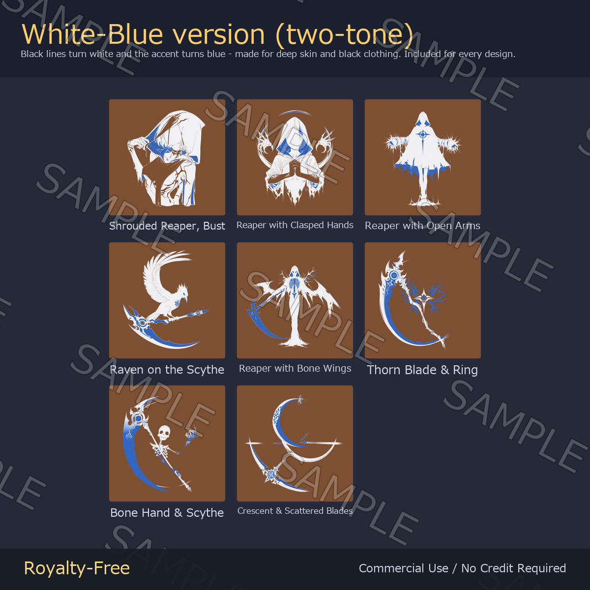 8 Grim Reaper Tattoo Decals vol.2 - Clasped Hands, Bone Wings & Bone Hand with Scythe | Glow Mask & 5 Colours incl. White-Blue, Any Avatar