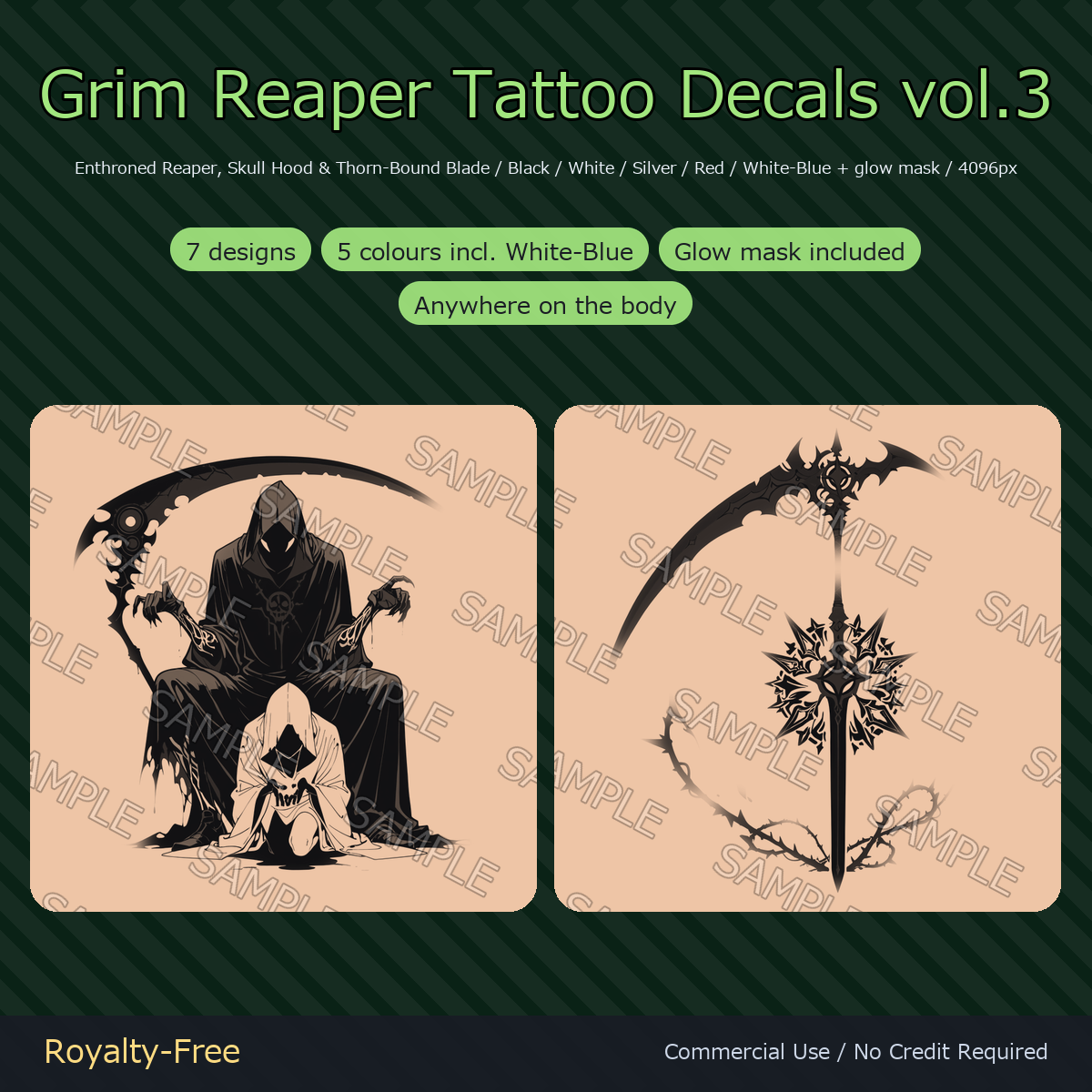 7 Grim Reaper Tattoo Decals vol.3 - Enthroned Reaper, Skull Hood & Thorn-Bound Blade | Glow Mask & 5 Colours incl. White-Blue, Any Avatar
