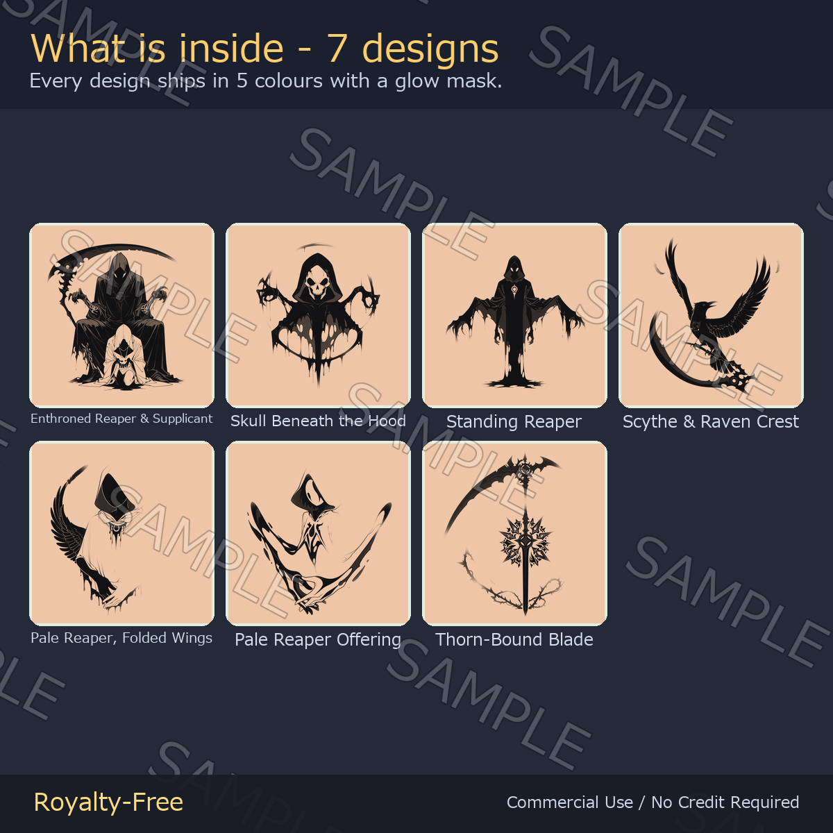 7 Grim Reaper Tattoo Decals vol.3 - Enthroned Reaper, Skull Hood & Thorn-Bound Blade | Glow Mask & 5 Colours incl. White-Blue, Any Avatar