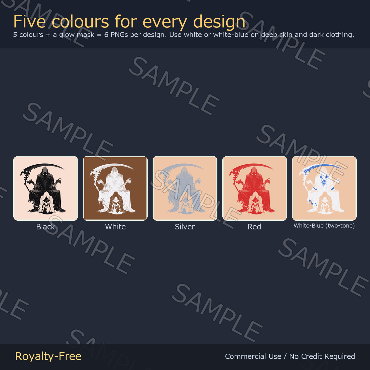 7 Grim Reaper Tattoo Decals vol.3 - Enthroned Reaper, Skull Hood & Thorn-Bound Blade | Glow Mask & 5 Colours incl. White-Blue, Any Avatar