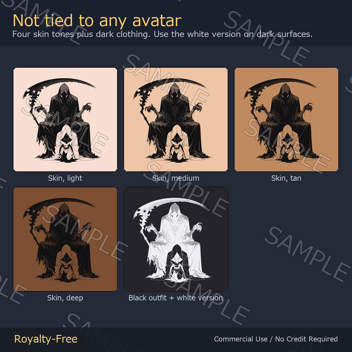 7 Grim Reaper Tattoo Decals vol.3 - Enthroned Reaper, Skull Hood & Thorn-Bound Blade | Glow Mask & 5 Colours incl. White-Blue, Any Avatar