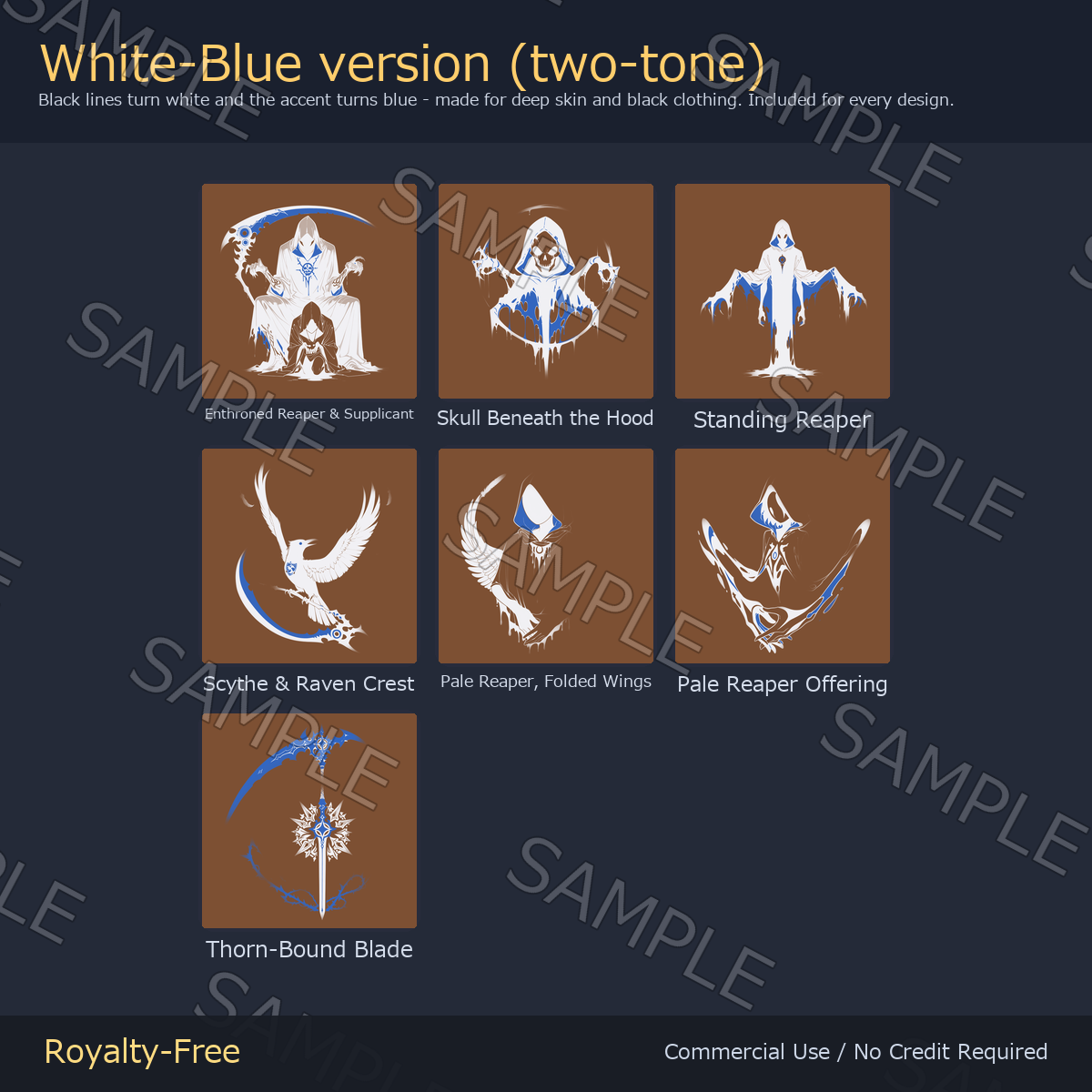 7 Grim Reaper Tattoo Decals vol.3 - Enthroned Reaper, Skull Hood & Thorn-Bound Blade | Glow Mask & 5 Colours incl. White-Blue, Any Avatar