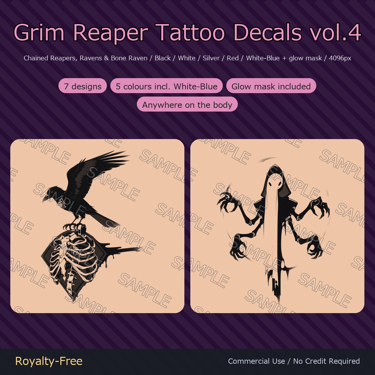 7 Grim Reaper Tattoo Decals vol.4 - Chained Reapers, Ravens & Bone Raven | Glow Mask & 5 Colours incl. White-Blue, Any Avatar