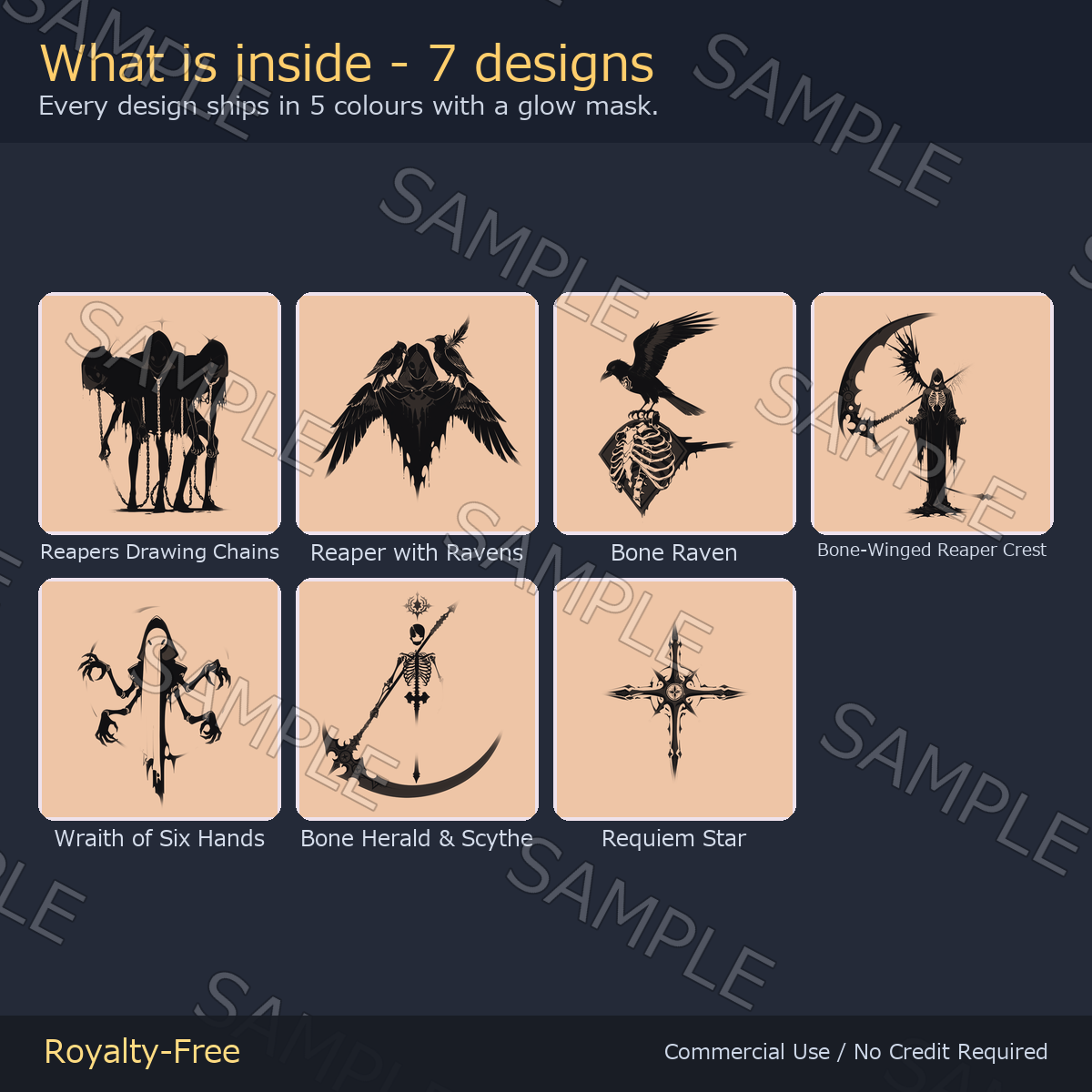 7 Grim Reaper Tattoo Decals vol.4 - Chained Reapers, Ravens & Bone Raven | Glow Mask & 5 Colours incl. White-Blue, Any Avatar