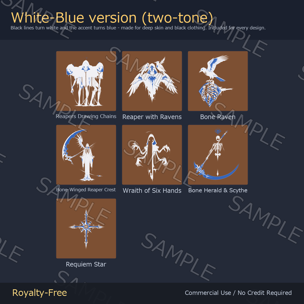 7 Grim Reaper Tattoo Decals vol.4 - Chained Reapers, Ravens & Bone Raven | Glow Mask & 5 Colours incl. White-Blue, Any Avatar