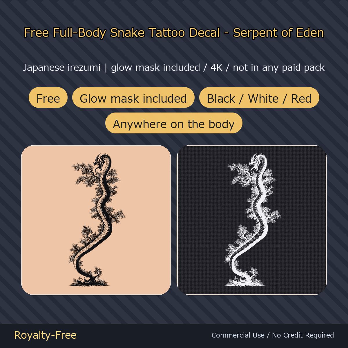 Free Full-Body Snake Tattoo Decal - Serpent of Eden | Japanese Irezumi, Glow Mask & White Version, 4K, Any Avatar