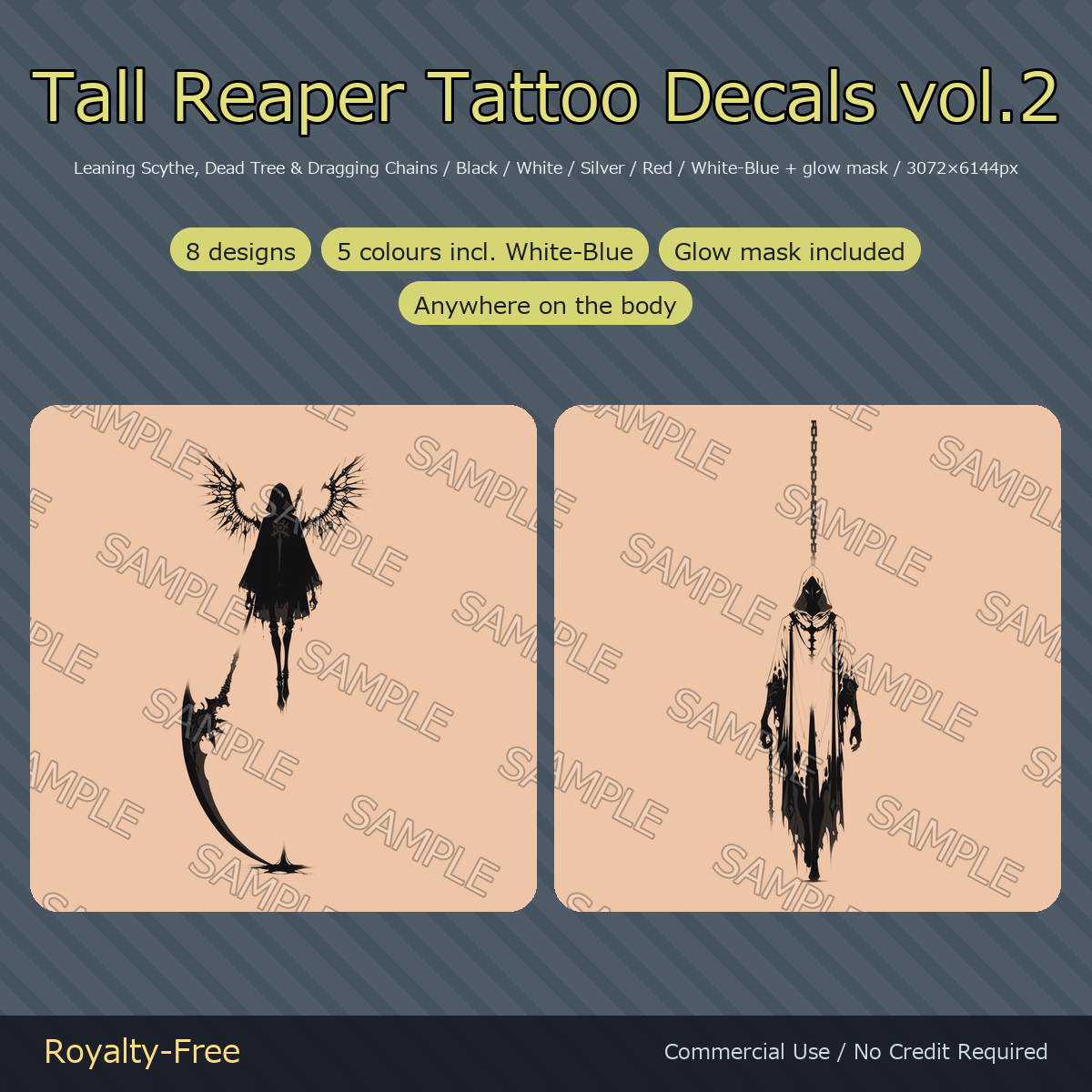 8 Tall Reaper Tattoo Decals vol.2 - Leaning Scythe, Dead Tree & Dragging Chains | Glow Mask & 5 Colours incl. White-Blue, Any Avatar