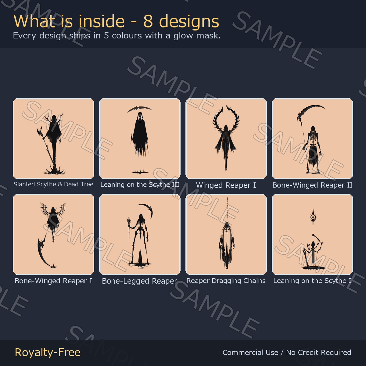 8 Tall Reaper Tattoo Decals vol.2 - Leaning Scythe, Dead Tree & Dragging Chains | Glow Mask & 5 Colours incl. White-Blue, Any Avatar
