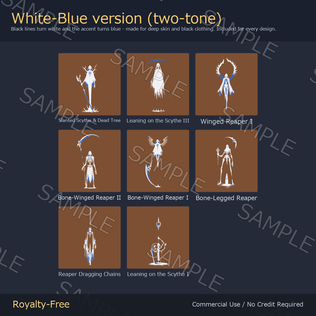 8 Tall Reaper Tattoo Decals vol.2 - Leaning Scythe, Dead Tree & Dragging Chains | Glow Mask & 5 Colours incl. White-Blue, Any Avatar