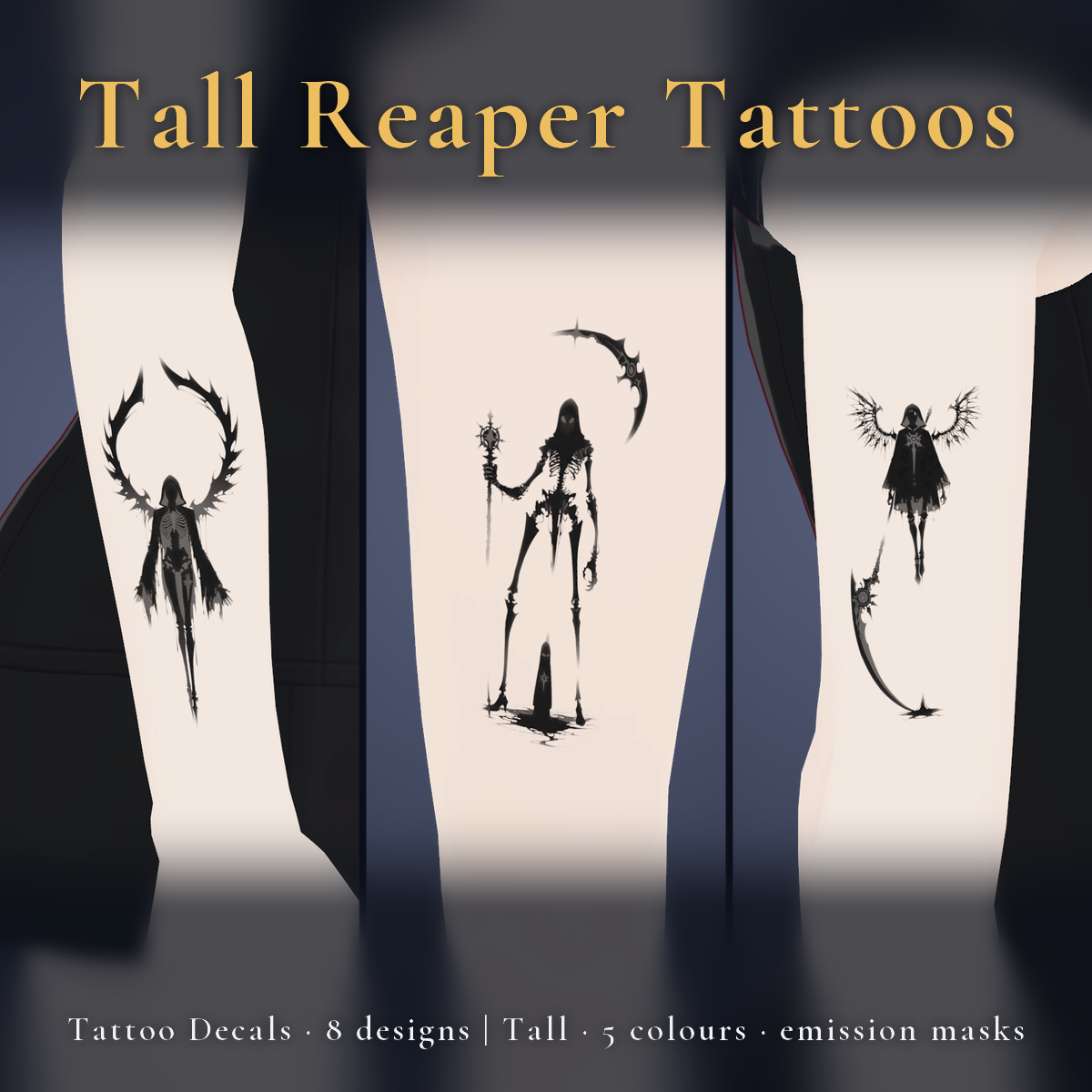 8 Tall Reaper Tattoo Decals vol.2 - Leaning Scythe, Dead Tree & Dragging Chains | Glow Mask & 5 Colours incl. White-Blue, Any Avatar