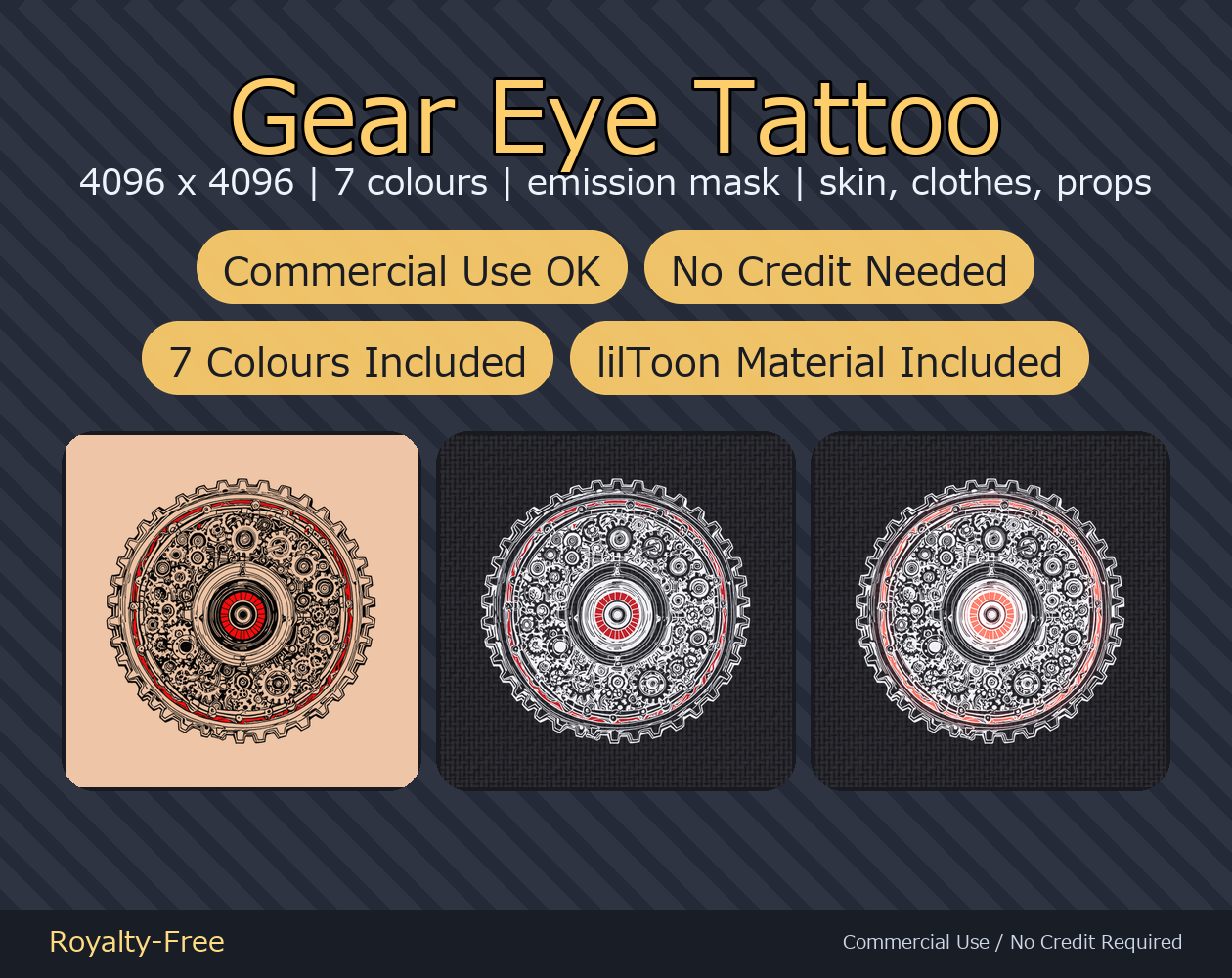 Gear Eye Tattoo Decal - 4K, 7 Colours + Emission Mask | Any Avatar, Skin, Clothes or Props