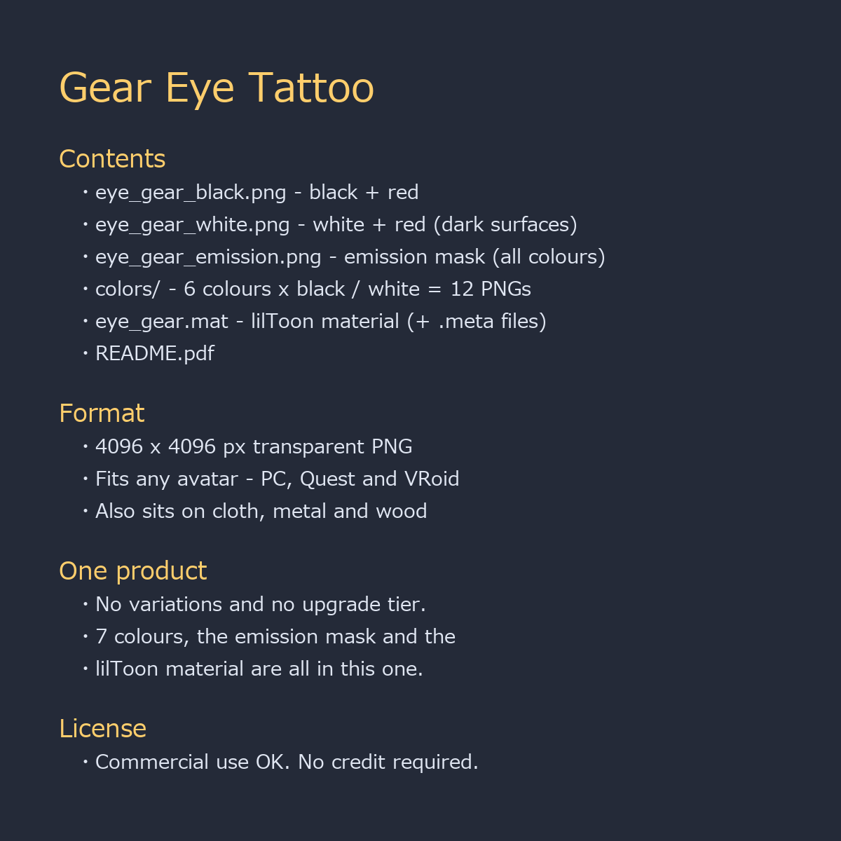 Gear Eye Tattoo Decal - 4K, 7 Colours + Emission Mask | Any Avatar, Skin, Clothes or Props