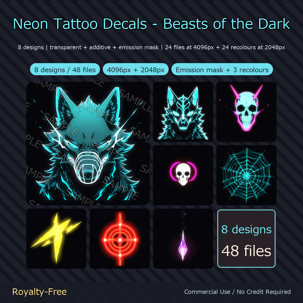8 Glowing Neon Tattoo Decals - Beasts of the Dark: Wolves, Skulls & Lightning | Emission Mask + 3 Recolours, 4K, Any Avatar