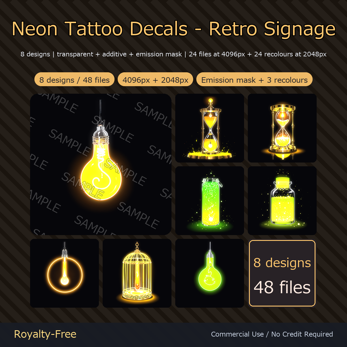 8 Glowing Neon Tattoo Decals - Retro Signage: Bulbs, Hourglasses & Firefly Jars | Emission Mask + 3 Recolours, 4K, Any Avatar