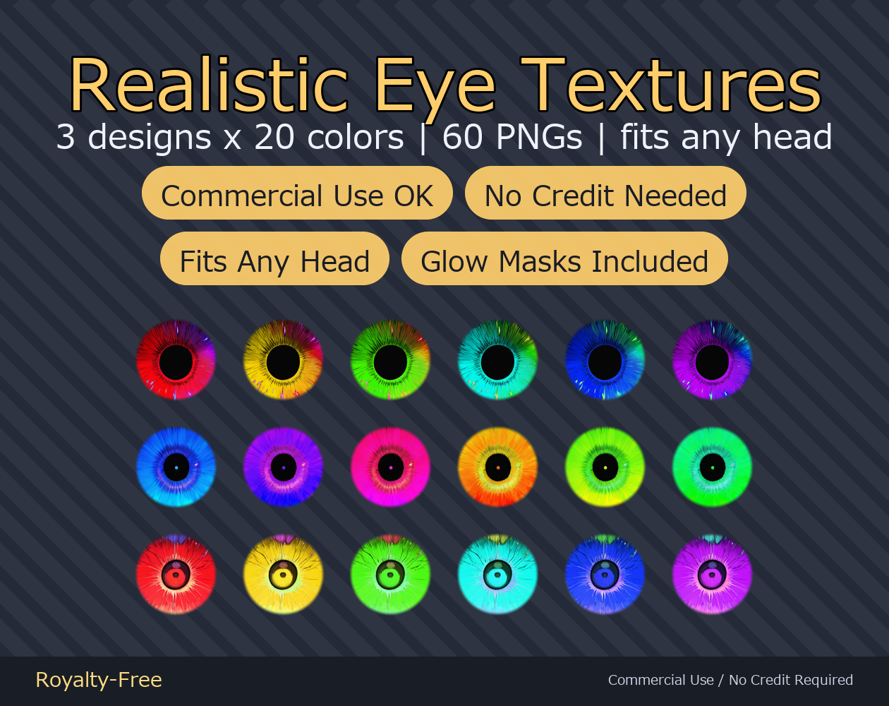 60 Realistic Eye Textures - 3 Designs x 20 Colors | Fits Any Head