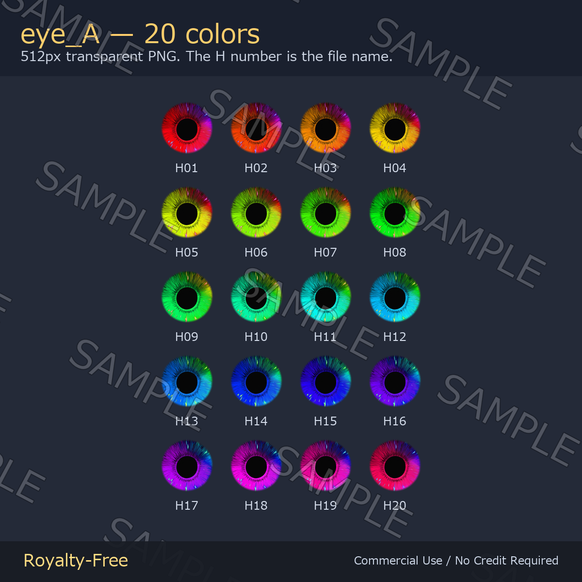 60 Realistic Eye Textures - 3 Designs x 20 Colors | Fits Any Head