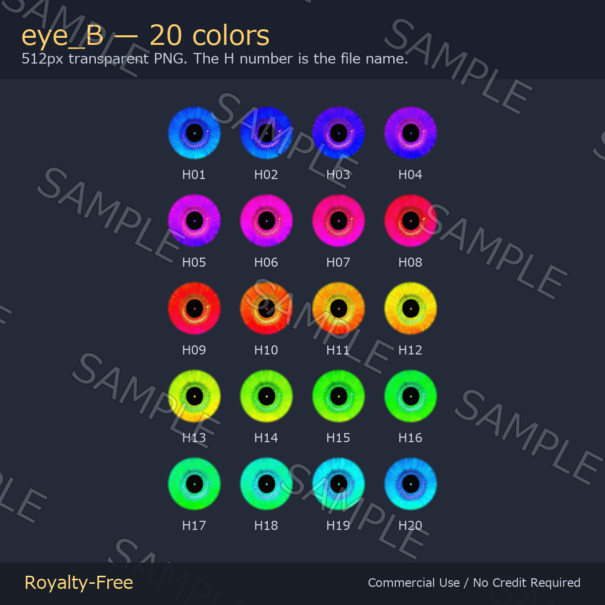 60 Realistic Eye Textures - 3 Designs x 20 Colors | Fits Any Head