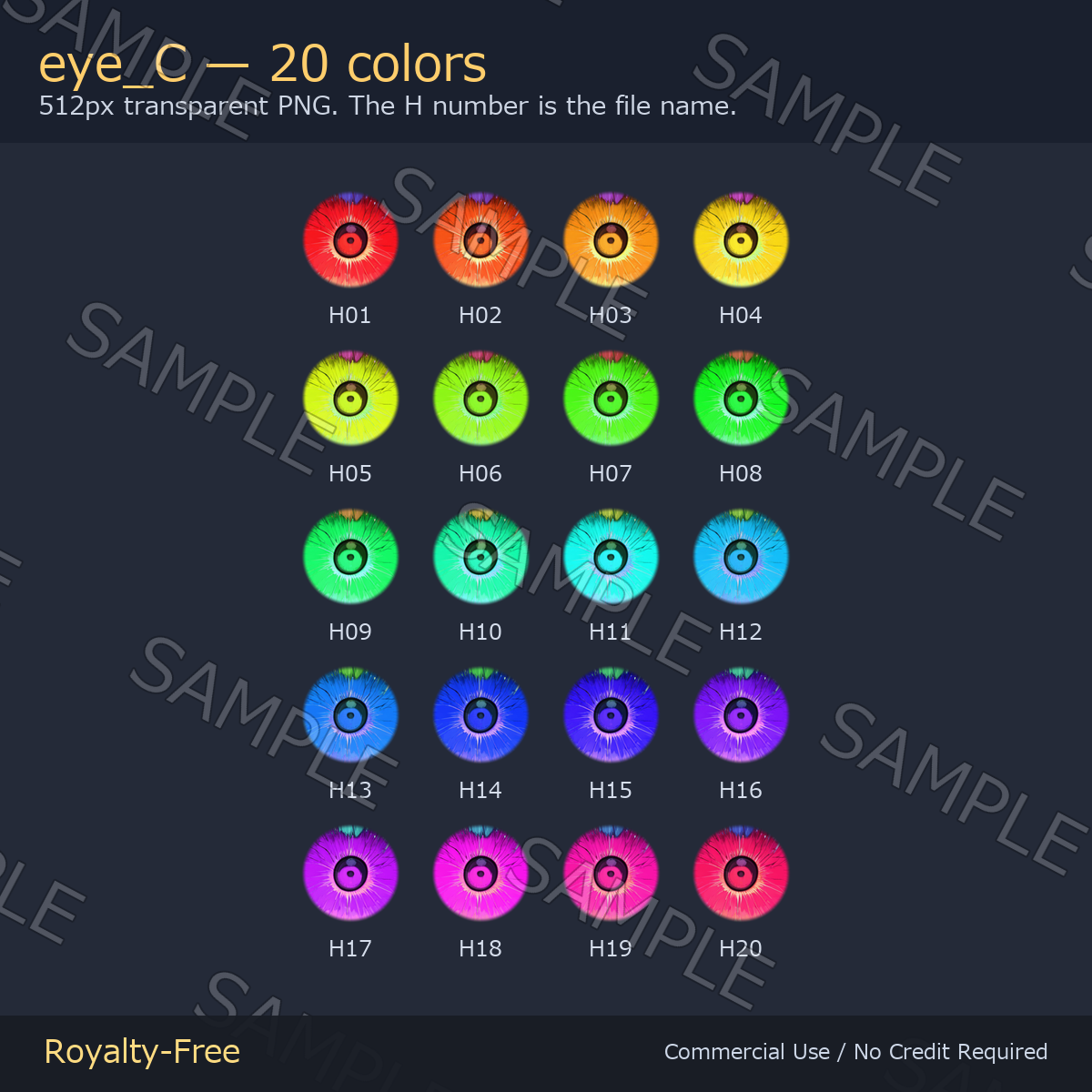 60 Realistic Eye Textures - 3 Designs x 20 Colors | Fits Any Head