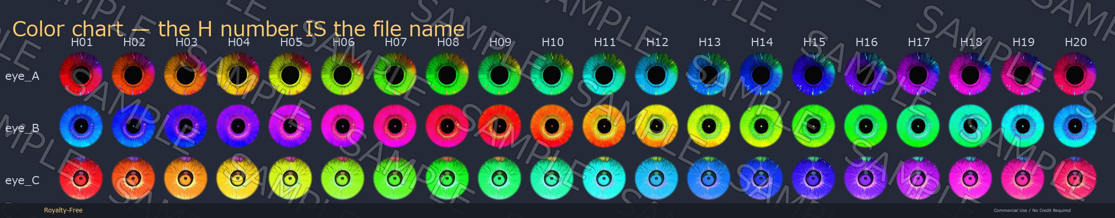 60 Realistic Eye Textures - 3 Designs x 20 Colors | Fits Any Head