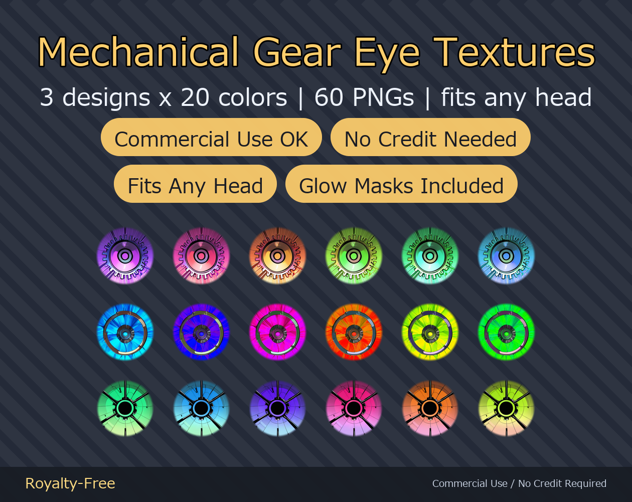 60 Mechanical Gear Eye Textures - 3 Designs x 20 Colors | Fits Any Head