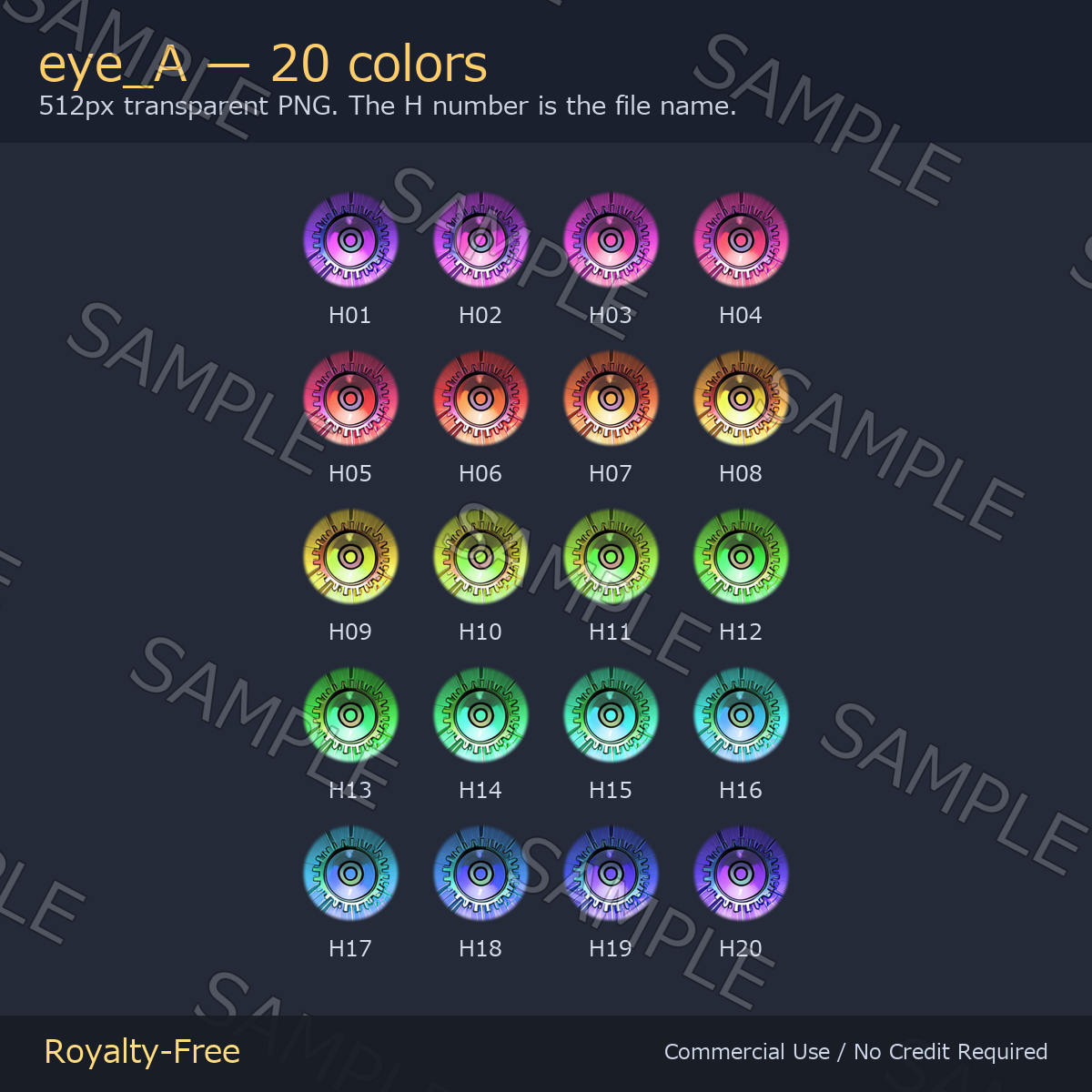 60 Mechanical Gear Eye Textures - 3 Designs x 20 Colors | Fits Any Head