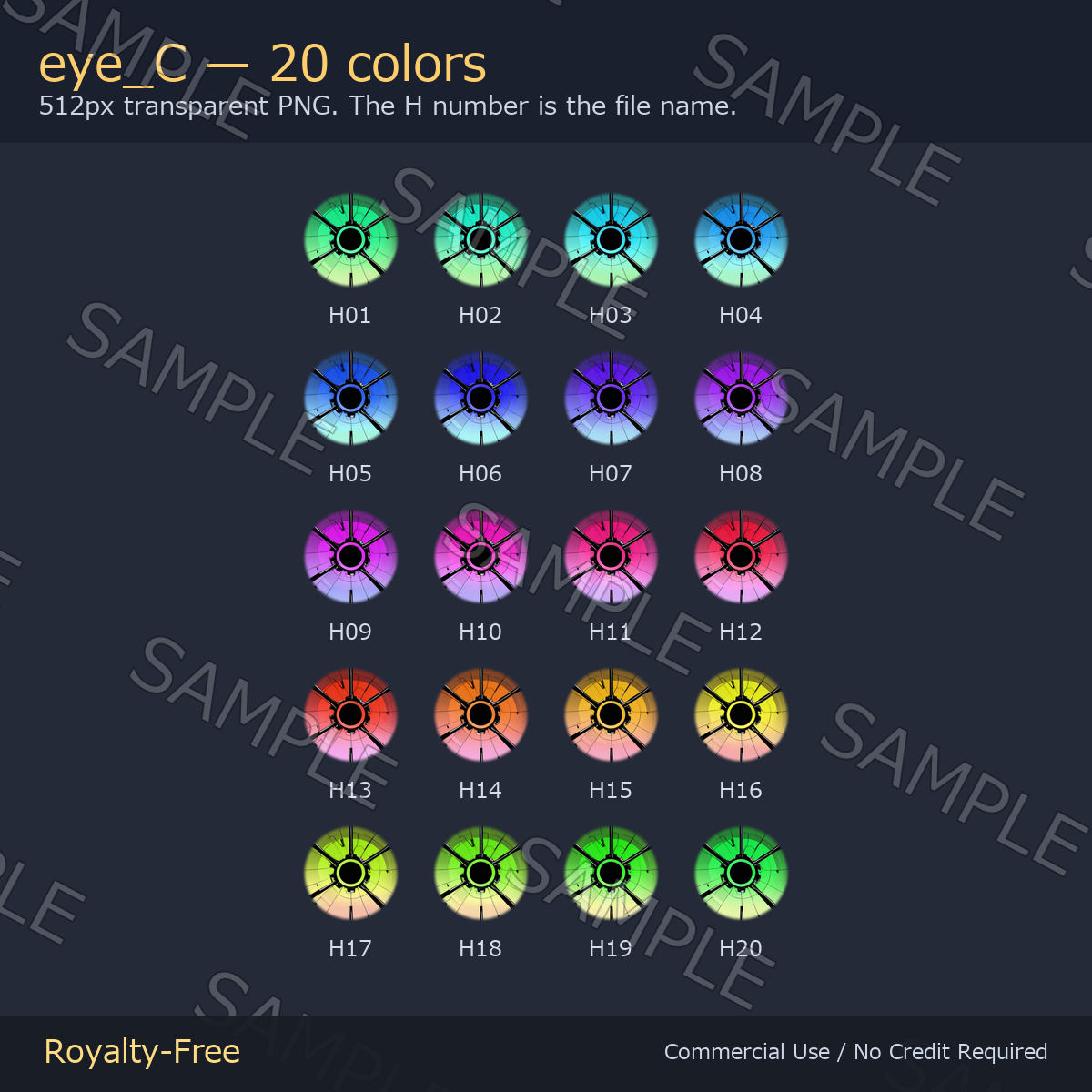 60 Mechanical Gear Eye Textures - 3 Designs x 20 Colors | Fits Any Head