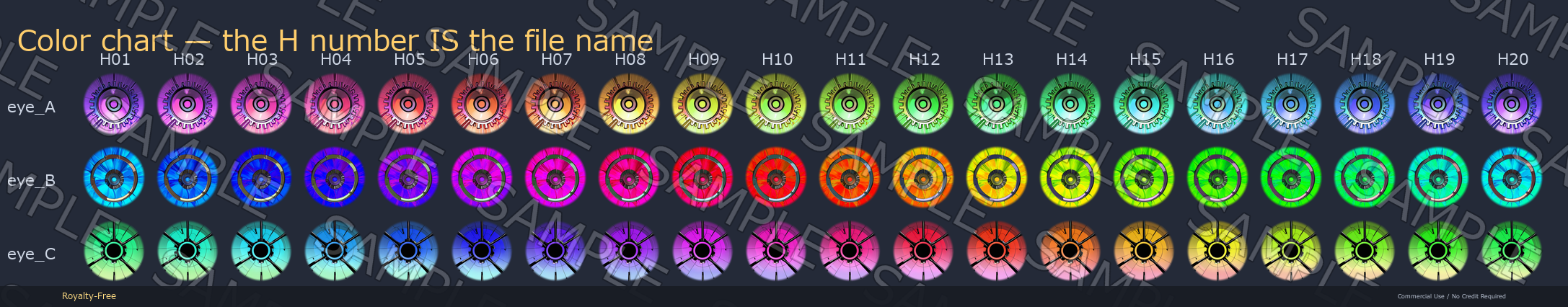 60 Mechanical Gear Eye Textures - 3 Designs x 20 Colors | Fits Any Head