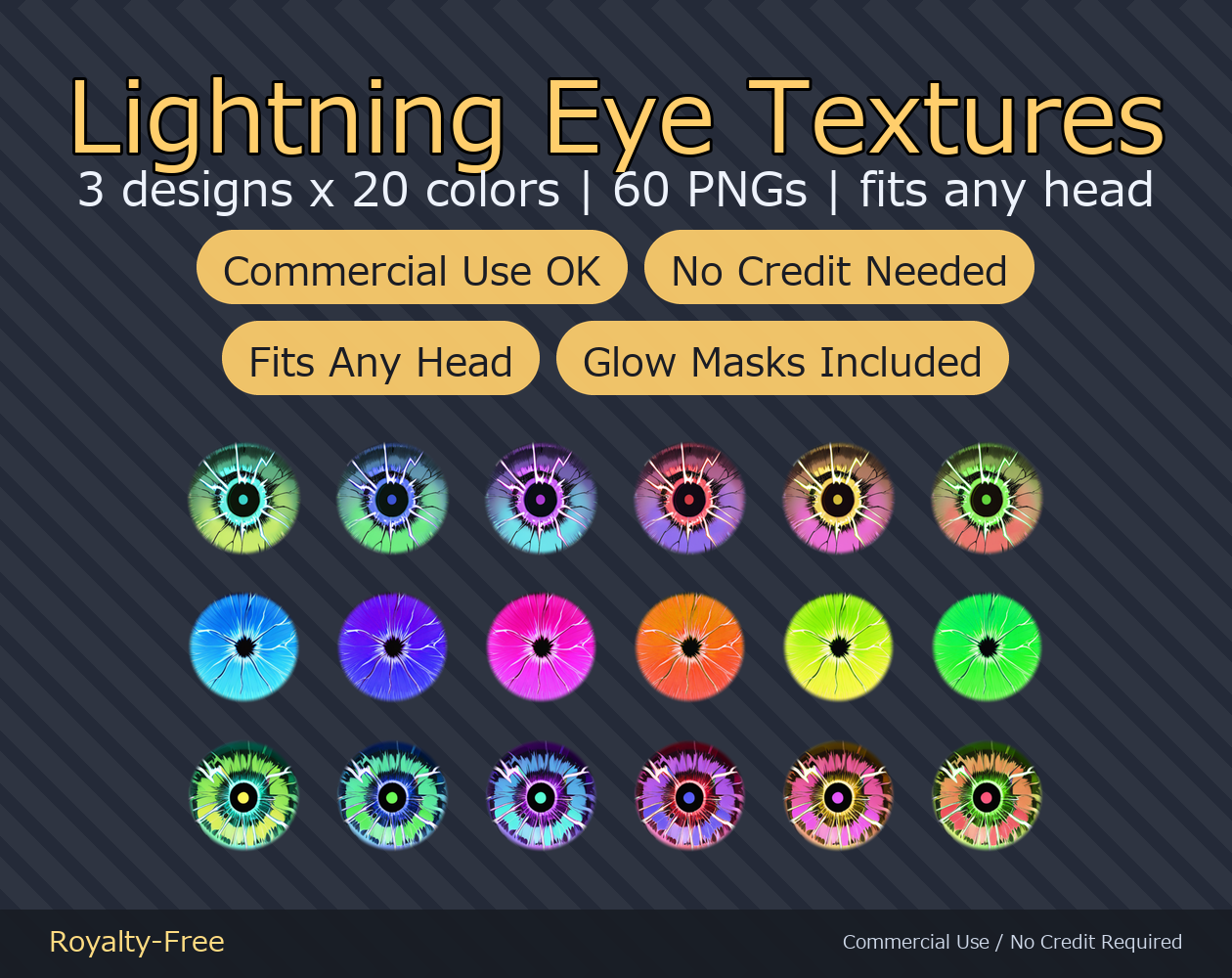60 Lightning Eye Textures - 3 Designs x 20 Colors | Fits Any Head