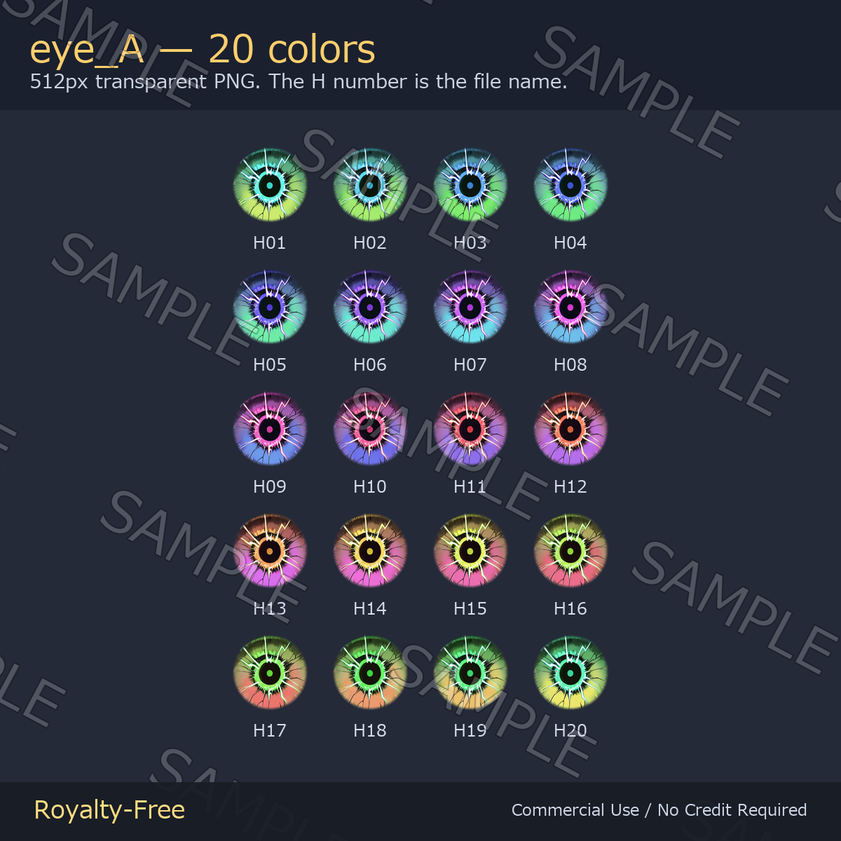 60 Lightning Eye Textures - 3 Designs x 20 Colors | Fits Any Head