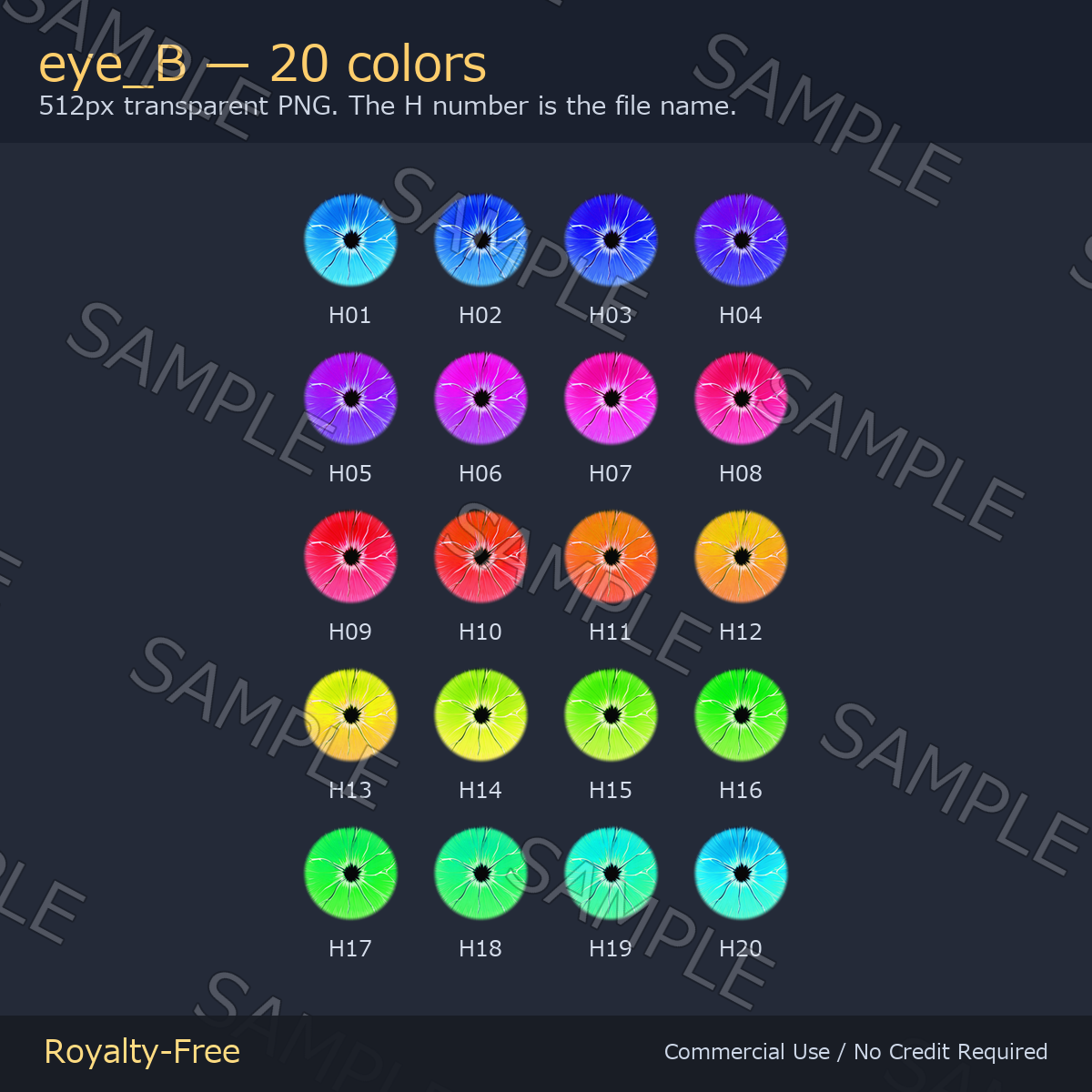60 Lightning Eye Textures - 3 Designs x 20 Colors | Fits Any Head