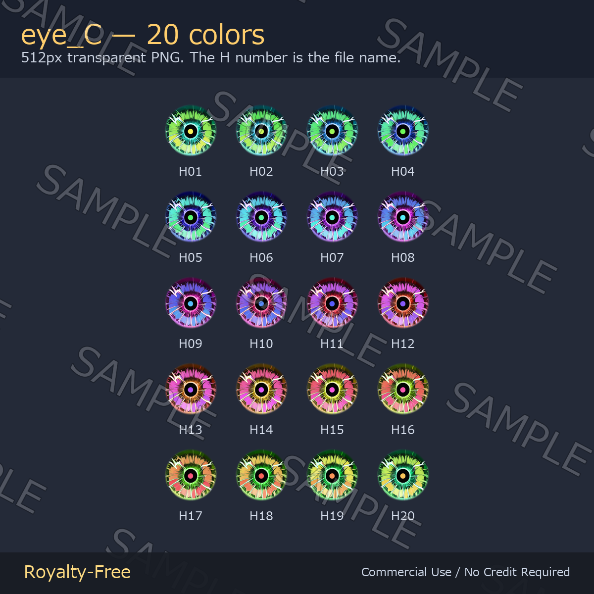 60 Lightning Eye Textures - 3 Designs x 20 Colors | Fits Any Head