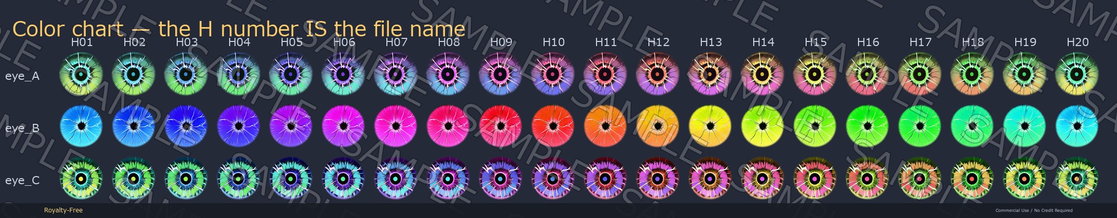 60 Lightning Eye Textures - 3 Designs x 20 Colors | Fits Any Head