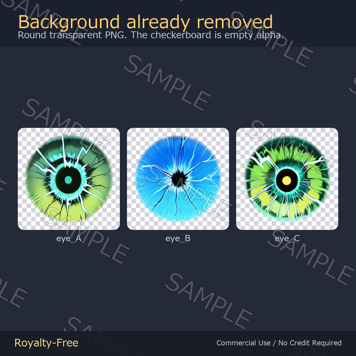 60 Lightning Eye Textures - 3 Designs x 20 Colors | Fits Any Head