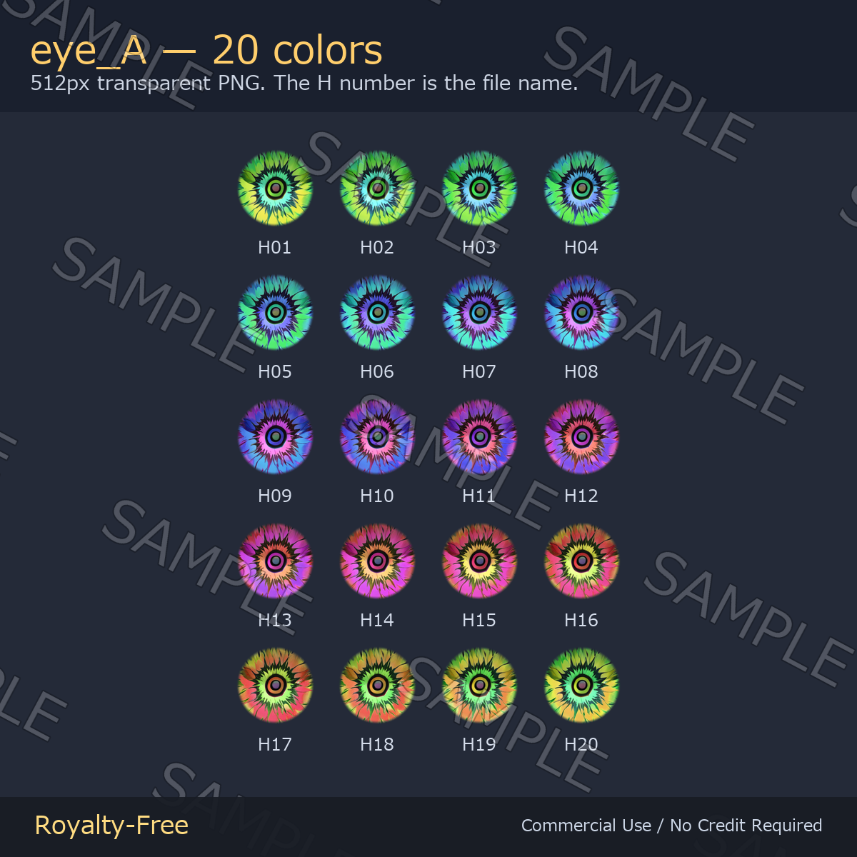 60 Flame Water Monochrome Eye Textures - 3 Designs x 20 Colors | Fits Any Head