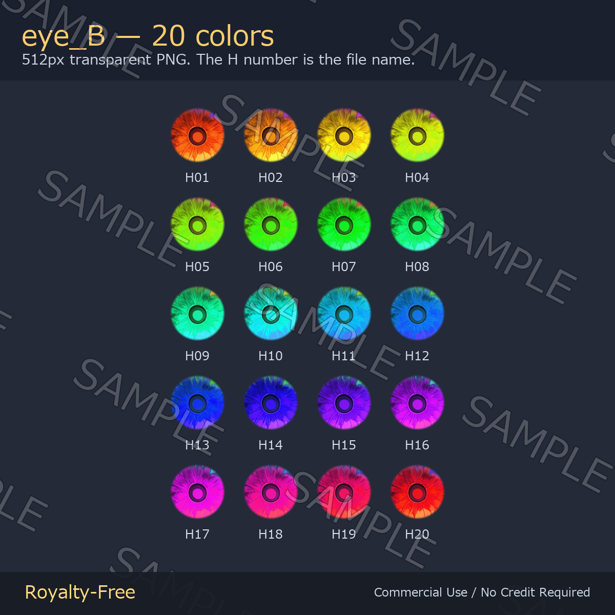 60 Flame Water Monochrome Eye Textures - 3 Designs x 20 Colors | Fits Any Head