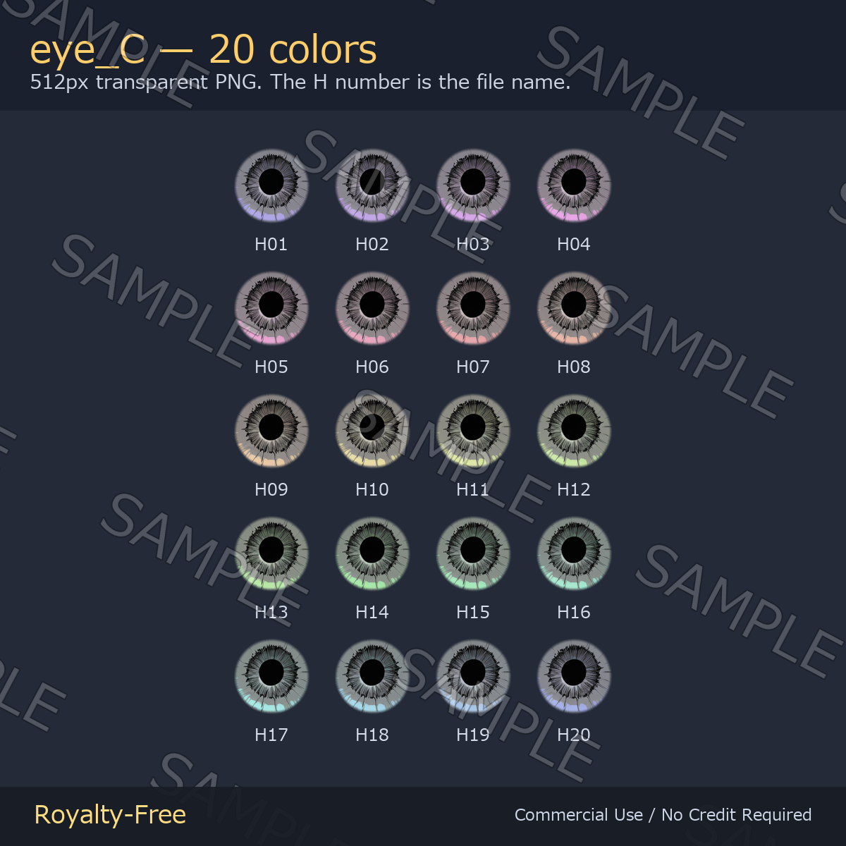 60 Flame Water Monochrome Eye Textures - 3 Designs x 20 Colors | Fits Any Head