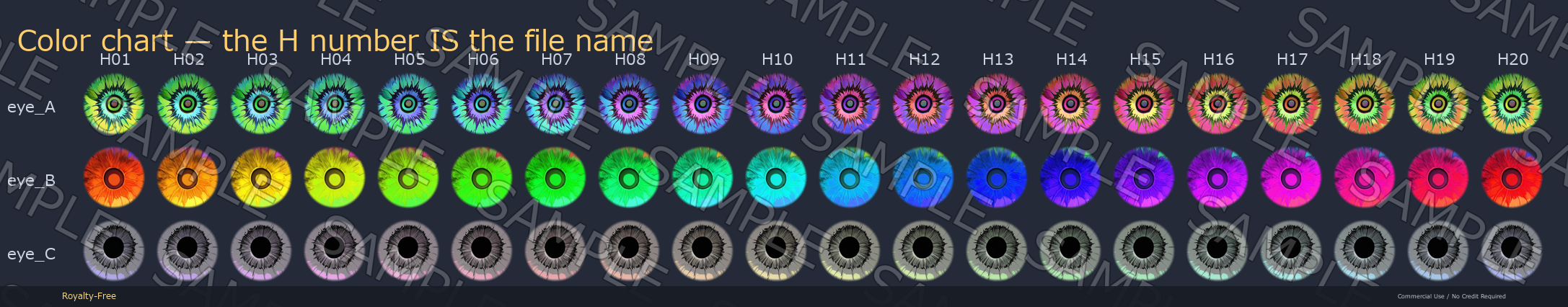 60 Flame Water Monochrome Eye Textures - 3 Designs x 20 Colors | Fits Any Head