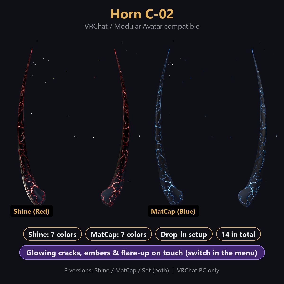 Horn C-02 - Glowing Cracks & Embers Horn Accessory | Modular Avatar, 14 Colours